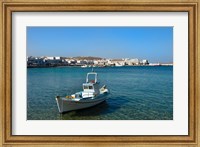 Framed Mykonos, Greece Boat off the island with view of the city behind
