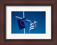 Framed Greece, Mykonos, Hora harbor, Union and Greek Flags