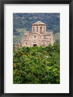 Framed Byzantine church near Fodele, Grove of orange trees and Church of the Panayia, Crete, Greece
