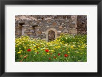 Framed Old building and wildflowers, Island of Spinalonga, Crete, Greece