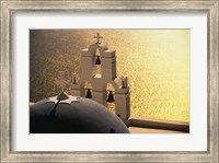 Framed Seaside church tower with bell, Santorini, Greece