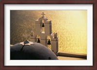 Framed Seaside church tower with bell, Santorini, Greece