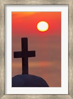 Framed Christian cross, sunset, Mykonos, Greece