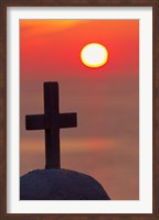 Framed Christian cross, sunset, Mykonos, Greece