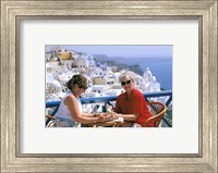 Framed Women Having Coffee on Cafe Terrace, Santorini, Greece