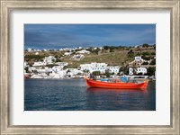 Framed Greece, Cyclades, Mykonos, Hora Harbor view with Greek fishing boat