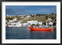Framed Greece, Cyclades, Mykonos, Hora Harbor view with Greek fishing boat