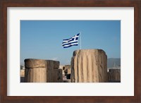 Framed Greece, Athens, Acropolis Column ruins and Greek Flag