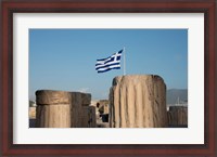 Framed Greece, Athens, Acropolis Column ruins and Greek Flag