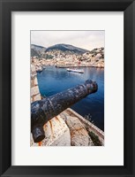 Framed Cannon, hydrofoil boat, harbor, Hydra Island, Greece