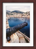 Framed Cannon, hydrofoil boat, harbor, Hydra Island, Greece