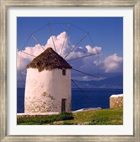 Framed Greece, Mykonos, Windmill looks over Azure Sea