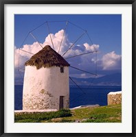 Framed Greece, Mykonos, Windmill looks over Azure Sea