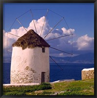 Framed Greece, Mykonos, Windmill looks over Azure Sea