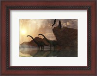 Framed Diplodocus Dinosaurs and Pterodactyl Birds Greet the Early Morning Mist