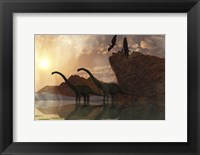 Framed Diplodocus Dinosaurs and Pterodactyl Birds Greet the Early Morning Mist