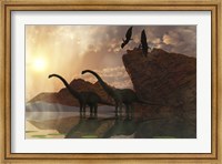 Framed Diplodocus Dinosaurs and Pterodactyl Birds Greet the Early Morning Mist