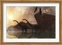 Framed Diplodocus Dinosaurs and Pterodactyl Birds Greet the Early Morning Mist