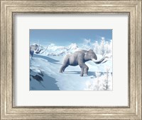 Framed Mammoths Walking Slowly on the Snowy Mountain Against the Wind