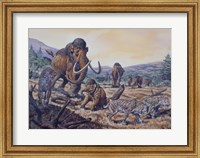 Framed Herd of Woolly Mammoth and Scimitar Sabertooth, Pleistocene Epoch