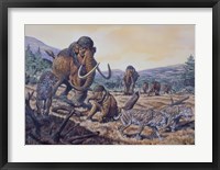 Framed Herd of Woolly Mammoth and Scimitar Sabertooth, Pleistocene Epoch