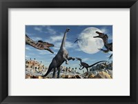 Framed Lone Camarasaurus Dinosaur is Confronted by a Pack of Velociraptors
