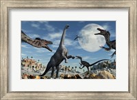 Framed Lone Camarasaurus Dinosaur is Confronted by a Pack of Velociraptors