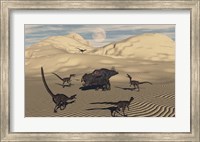 Framed Velociraptors Encircling a  Protoceratops