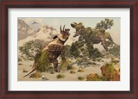 Framed Living fossils of a Triceratops and a T-Rex Confronting Each Other
