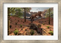 Framed T-Rex comes across the Carcass of a Dead Triceratops