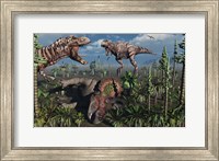 Framed Two T Rex dinosaurs confront each other over a dead Triceratops