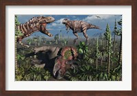 Framed Two T Rex dinosaurs confront each other over a dead Triceratops