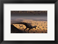 Framed lone T Rex looks down on a large Herd of Triceratops