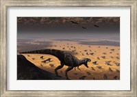 Framed lone T Rex looks down on a large Herd of Triceratops