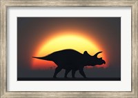 Framed Silhouetted Triceratops strolling Past a Setting Sun