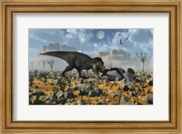 Framed T-Rex feeding on a Triceratops Carcass