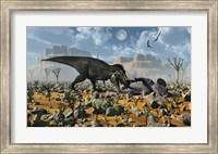 Framed T-Rex feeding on a Triceratops Carcass