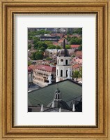 Framed Royal Palace and Vilnius Cathedral, Gediminas Hill elevated view of Old Town, Vilnius, Lithuania