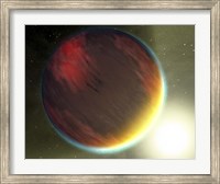 Framed cloudy Jupiter-like planet that orbits very close to its fiery hot star