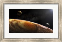 Framed Jupiter's Moons Lo and Europa hover over the Great Red Spot on Jupiter