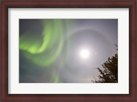 Framed Aurora borealis, Full Moon, Halo and Venus by Lake Laberge, Yukon, Canada