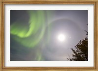 Framed Aurora borealis, Full Moon, Halo and Venus by Lake Laberge, Yukon, Canada