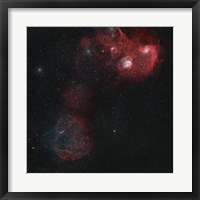 Framed Widefield view of of Simeis 147, the Flaming Star Nebula, and the Tadpole Nebula