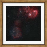 Framed Widefield view of of Simeis 147, the Flaming Star Nebula, and the Tadpole Nebula