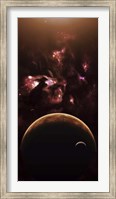 Framed barren world passes in front of a large and complex Nebula