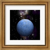 Framed Artist's depiction of a cratered moon in space with a Nebula in the background