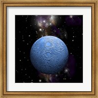 Framed Artist's depiction of a cratered moon in space with a Nebula in the background