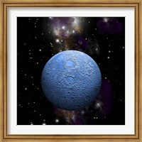 Framed Artist's depiction of a cratered moon in space with a Nebula in the background