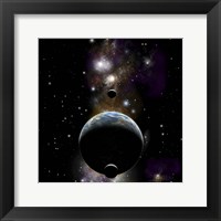 Framed Earth type world with two moons against a background of Nebula and stars