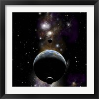 Framed Earth type world with two moons against a background of Nebula and stars